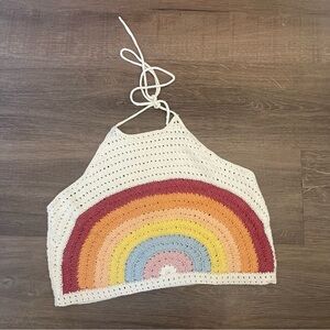 AEO American Eagle Crochet Knit Rainbow Halter Crop Top Womens Size Large